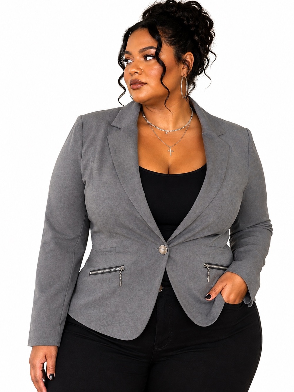 Baby Phat Y2K Gray Blazer Women’s 2X Stretch Fitted Zip Pocket Jacket
